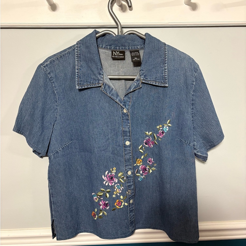 New York & Company Classic Blue Denim Shirt with Embroidery